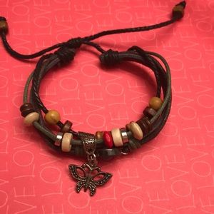 Leather Butterfly Wooden Beads Bracelet